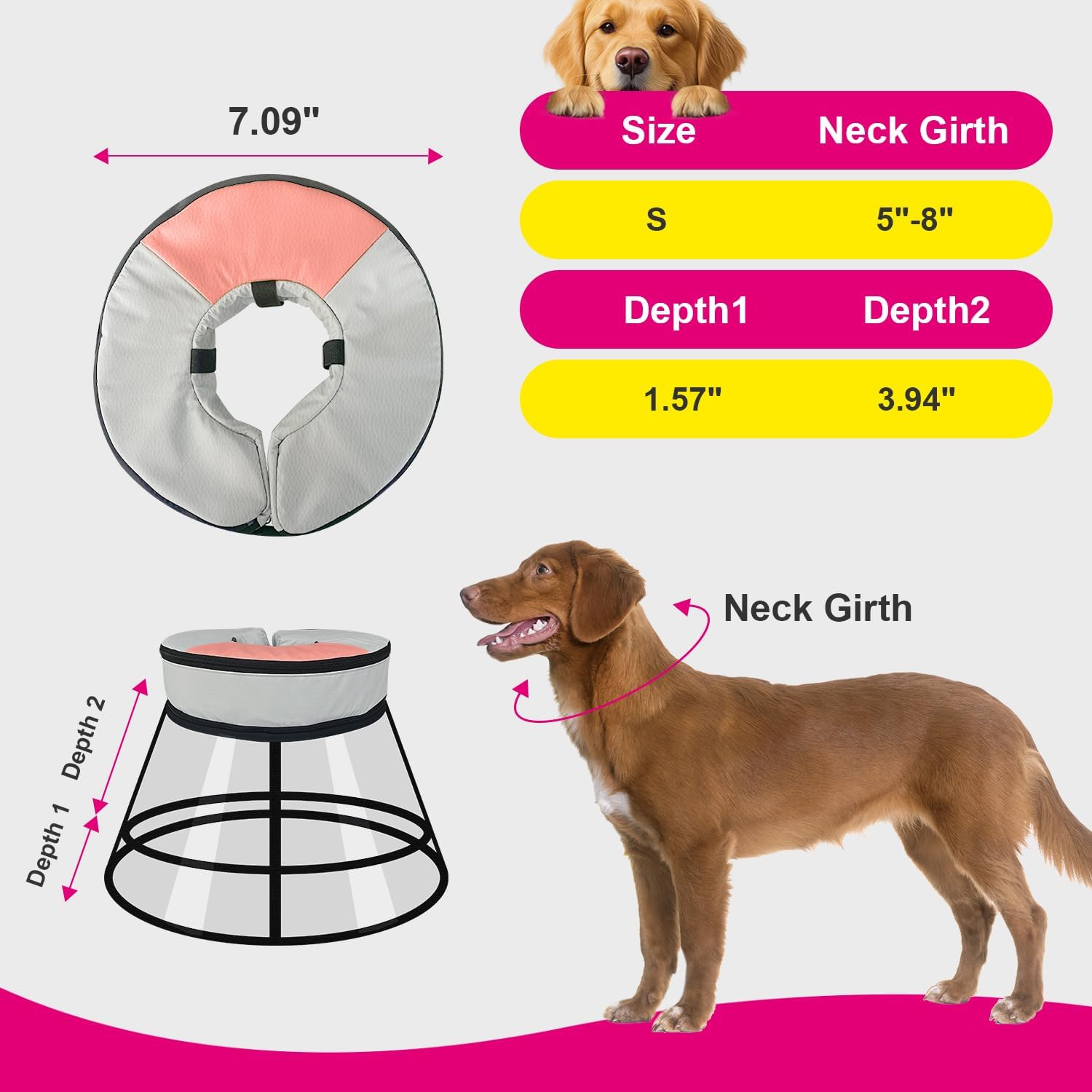 Sponge Core Dog Cat Cone Collar for After Surgery Recovery, Inflatable Dog Cone Alternative, Lainergie Dogs Donut Collar Adjustable with 2PCS Cover for Large Medium Small Dogs Cats (Grey+Pink, S)