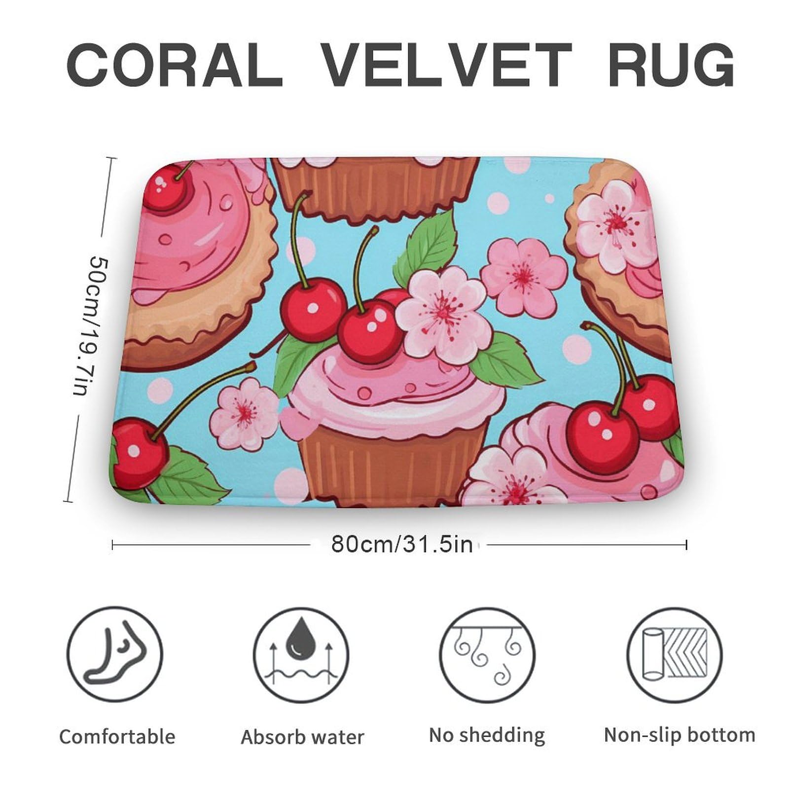 Cute Cupcakes Coral Velvet Rugs Non-Slip Bathroom Rugs Soft Kitchen Rug Floor Carpet for Home Decor 19.7