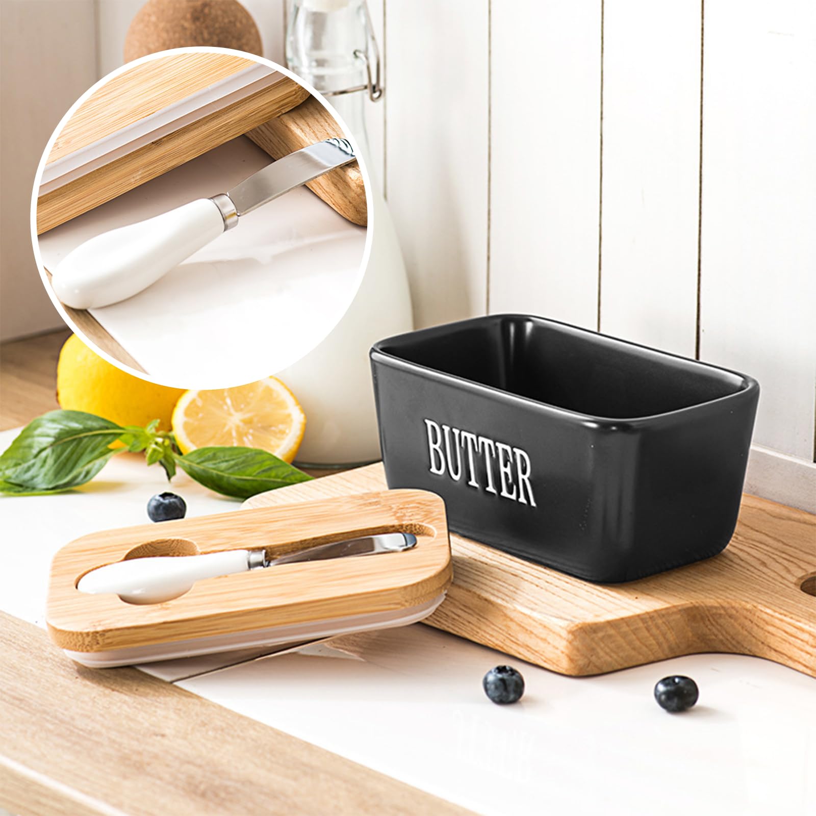 Burriera In Ceramica Con Coltello E Coperchio In Legno – Contenitore Per Burro Con Guarnizione In Silicone, Adatto A Frigorifero E Microonde - 4