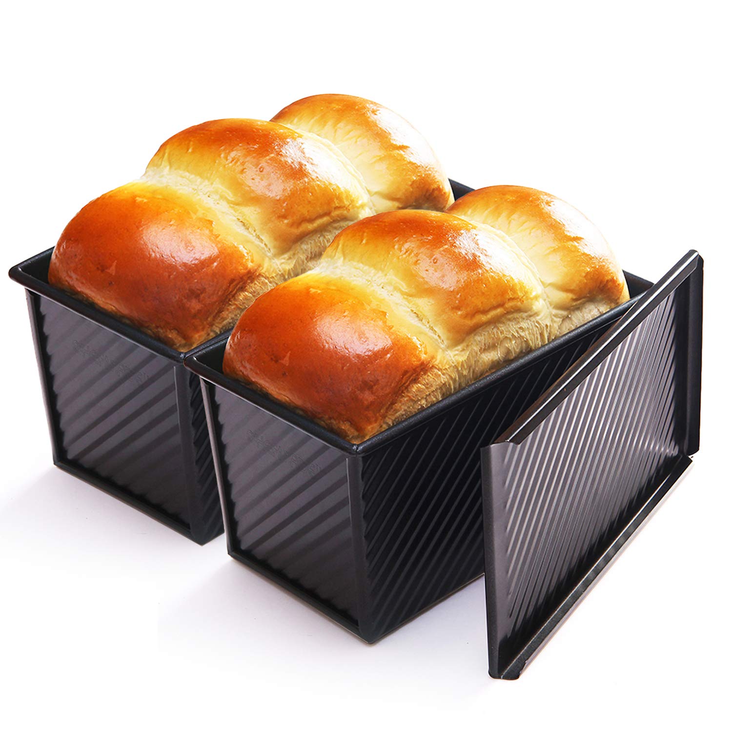 CHEFMADE Loaf Pan 2 Pcs Non-Stick Bread Pan Carbon Steel Toast Pan with Cover for Baking Bread FDA Approved - Black