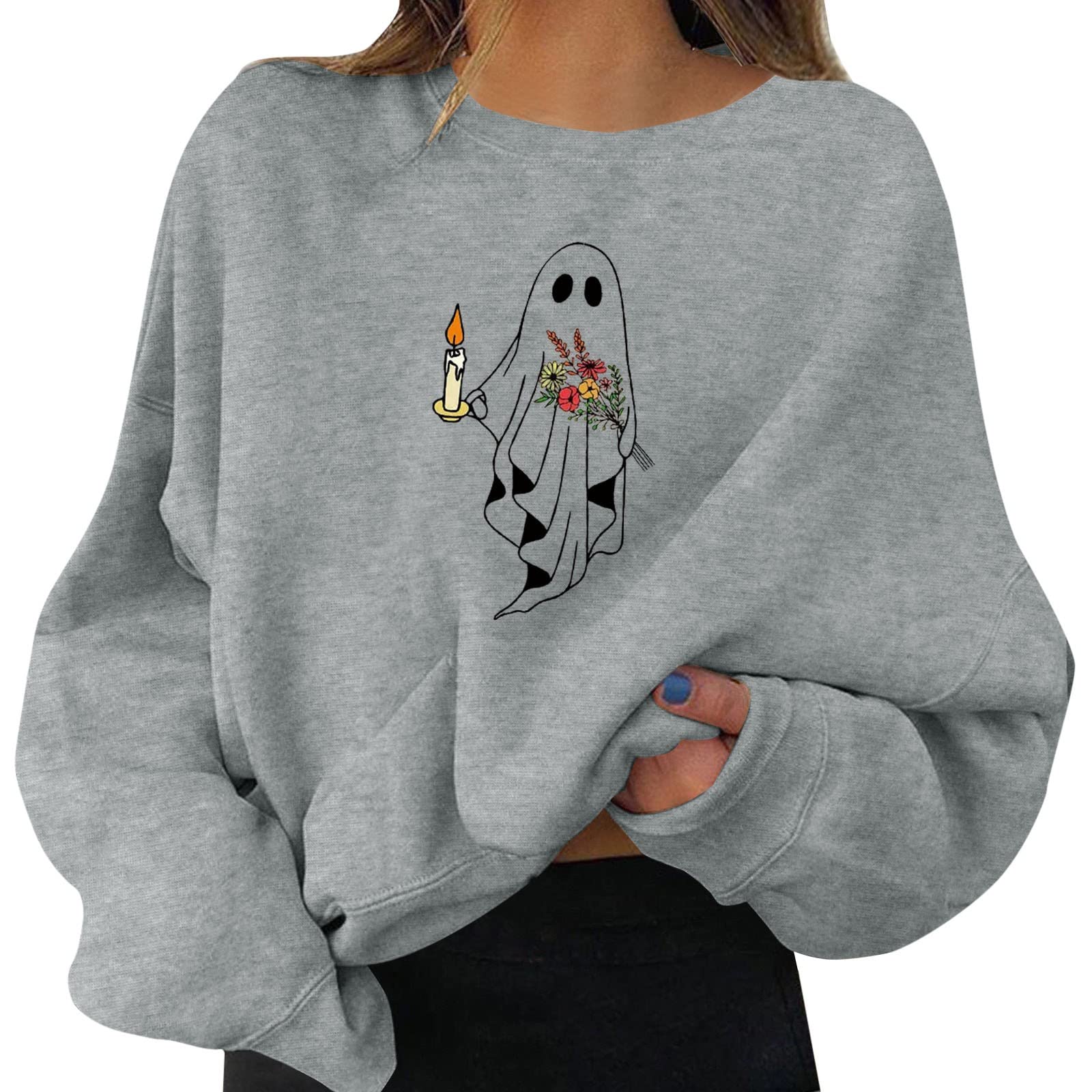 Women's 2024 Halloween Pullovers Fun Graphic Print Round Neck Long Sleeve Sweatshirt Tops Womens Hoodie No Pocket