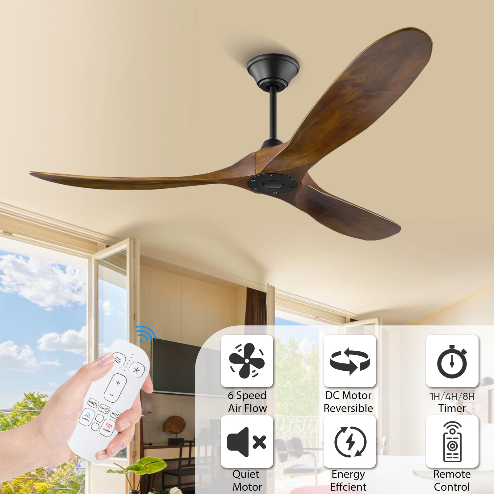 Ventilador De Techo Madera Sin Luz, 152 Cm Ventilador De Techo Con Mando A Distancia, Interior y Exterior Ventlador De Teho De HéLice De 3 Palas, 6 Velocidades Ultra Silencioso Reversible