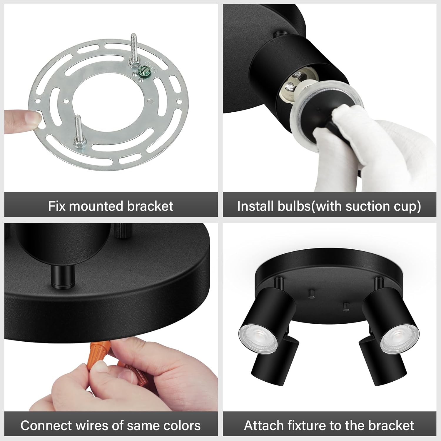 4 Light Track Lighting Fixtures Ceiling, Matte Black Round Directional Ceiling Spotlight, GU10 Flush Mount Track Fixture, Adjustable Modern LED Track Lights for Kitchen/Living Room, Bulb Not Included