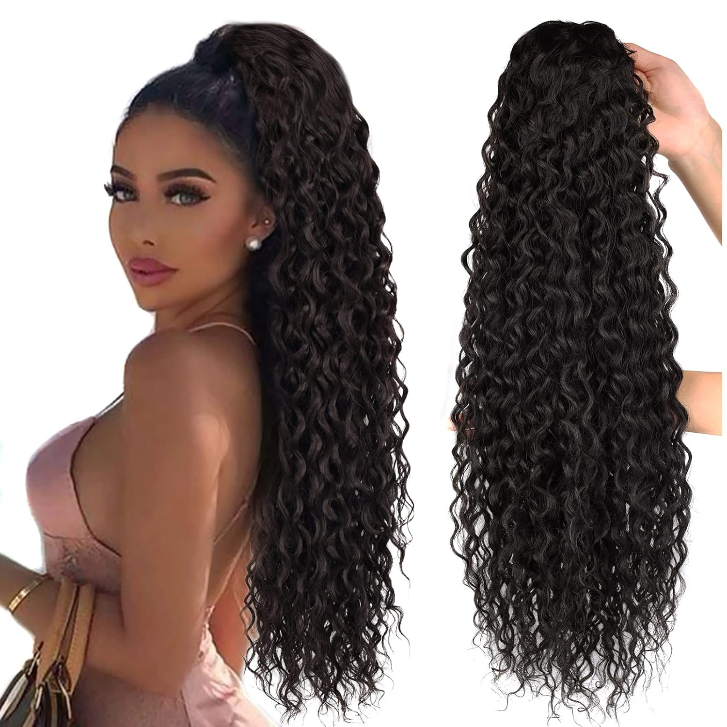 Brown Ponytail Extensions-Curly Drawstring Ponytail-Extension real human hair Feeling Long 24Inch Wave Clip in Hair Extensions Ponytail Synthetic Hairpiece for Black Women (#4,5.64 OZ)…