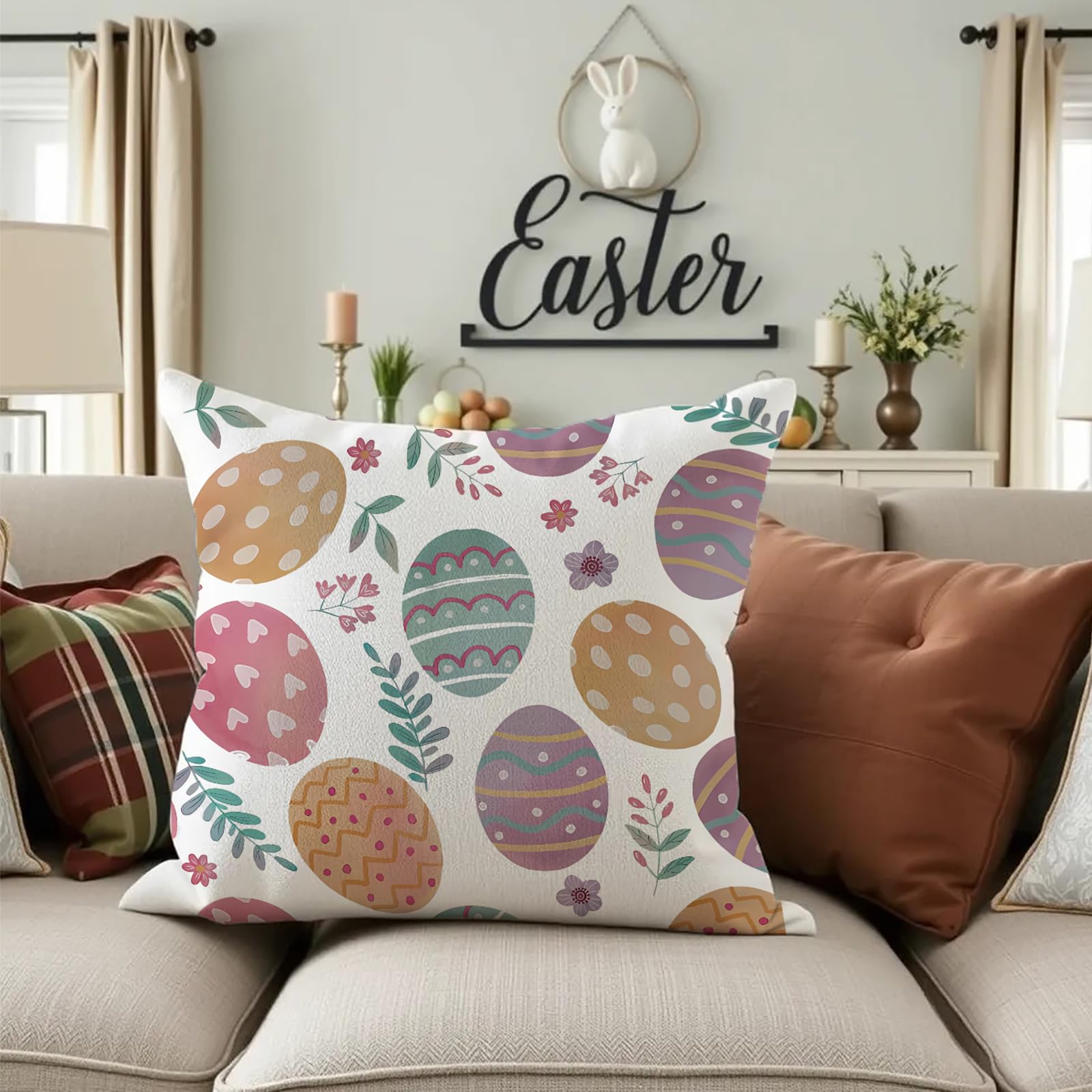 Zestaw 2 poszewek na poduszki wielkanocne 45 x 45 cm, kwiaty, dekoracja wielkanocna, na sofę, pisanki, poszewki na poduszki, na wiosnę, lato, Happy Easter, dekoracja, przyjęcie na wakacje,