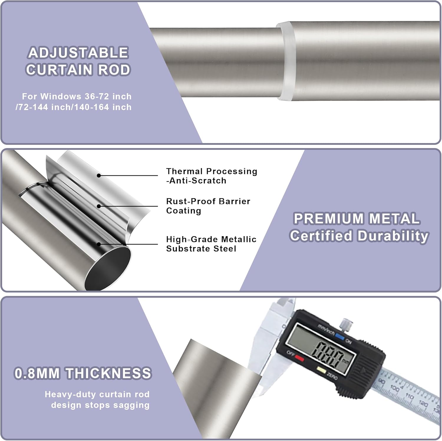 Double Curtain Rod 140 to 164 Inch,1 Inch Heavy Duty Curtain Rods for Windows with Solid Aluminum Cylindrical Finials and Bracket,1’’ Front and 5/8’’ Back Telescoping Double Drapery Rod,Brushed Nickel