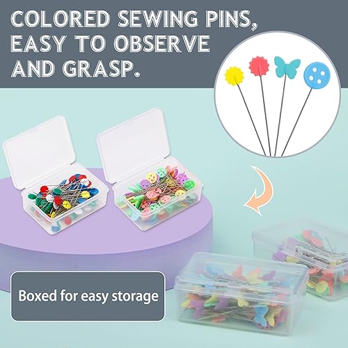 Miniatura 3 de Fteven Juego de 400 alfileres rectos de cabeza plana, juego de alfileres de cabeza plana de costura, alfileres de costura de cabeza de colores,