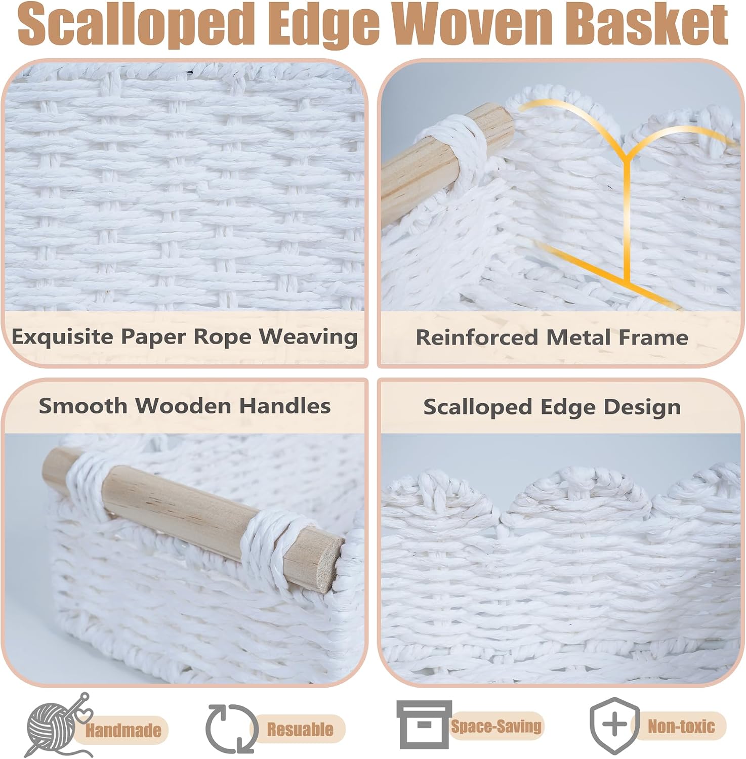 Scalloped Wicker Storage Basket Organizer with Handles 2 Pack,Paper Rope Decorative Toilet Paper Baskets & Bathroom Organizer for Toilet Tank Top, Shelves, Countertop,Home,Office Storage Bins, White