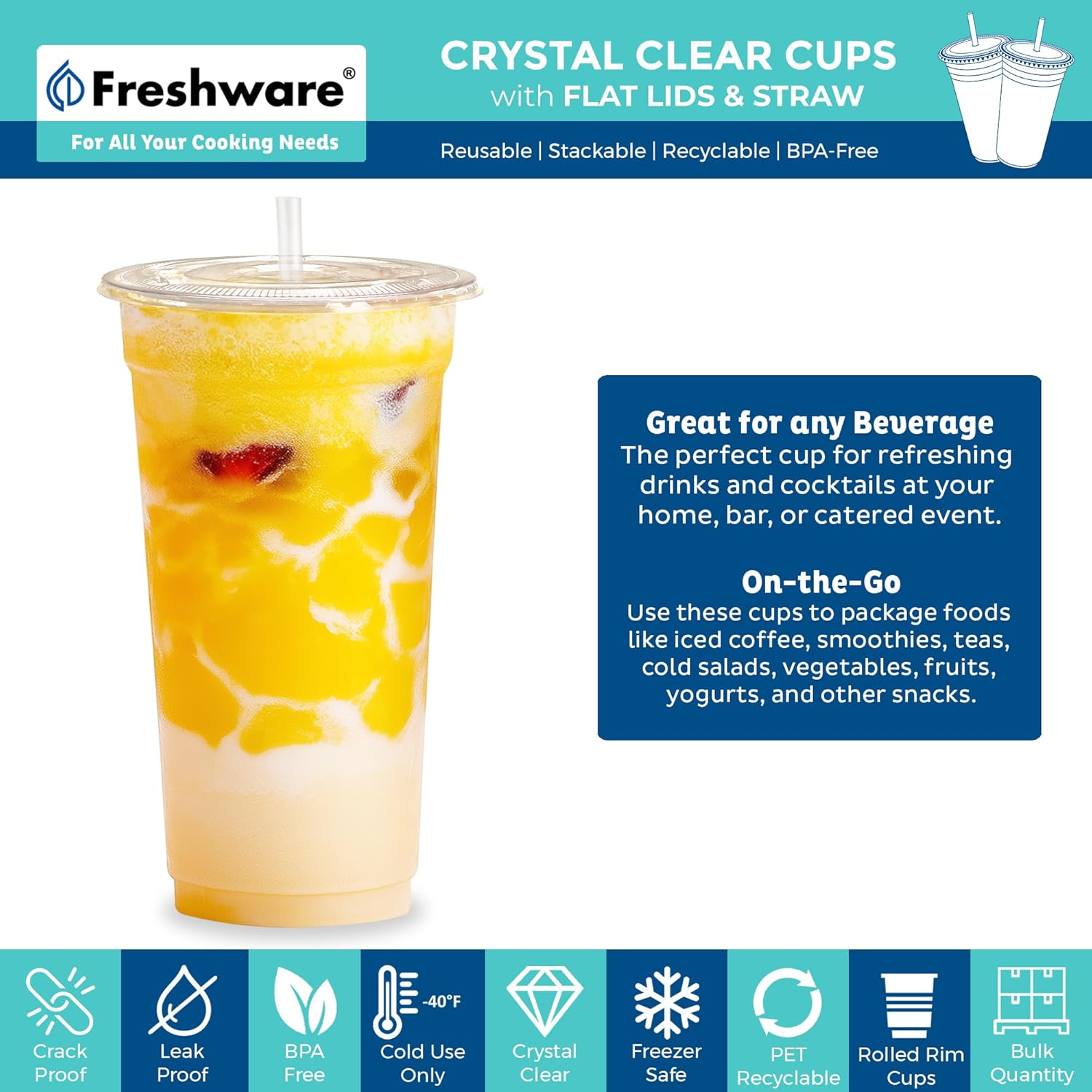 Freshware Clear Plastic Cups with Flat Lids and Straws [100 Cups - 24 oz] Disposable Tumblers for Iced Coffee, Smoothie, Milkshake, Cold Drinks - Image 2