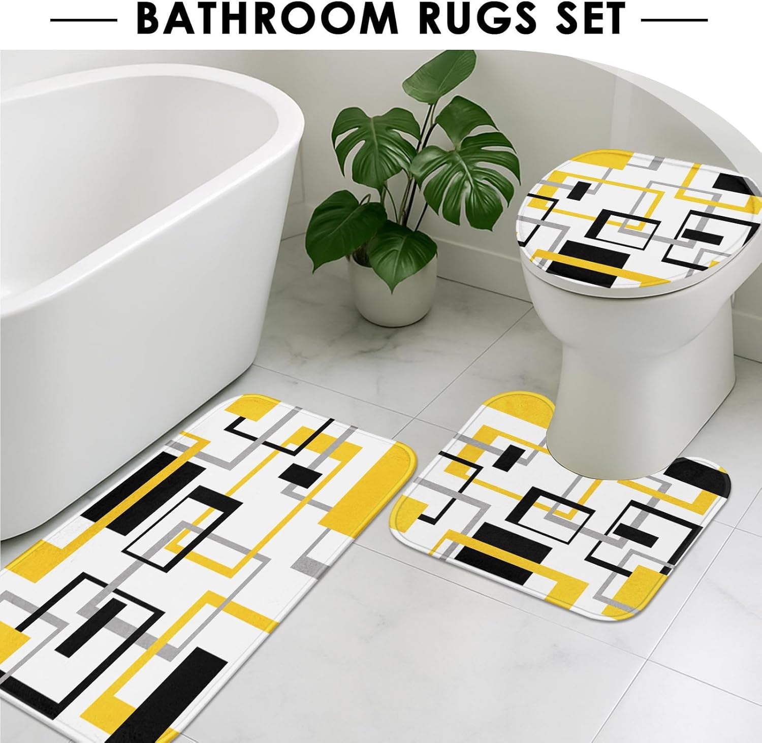 ArtSocket Geometric Yellow and Gray Bathroom Set with Shower Curtain Rugs Accessories, Black and Gray Modern Shower Curtain, Yellow Bathroom Decor 4 Pcs thumbnail