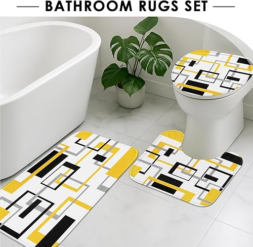 Miniatura 5 de Juego de baño geométrico amarillo y gris con cortina de ducha y accesorios de alfombras, negro y gris, cortina de ducha moderna amarilla para baño,
