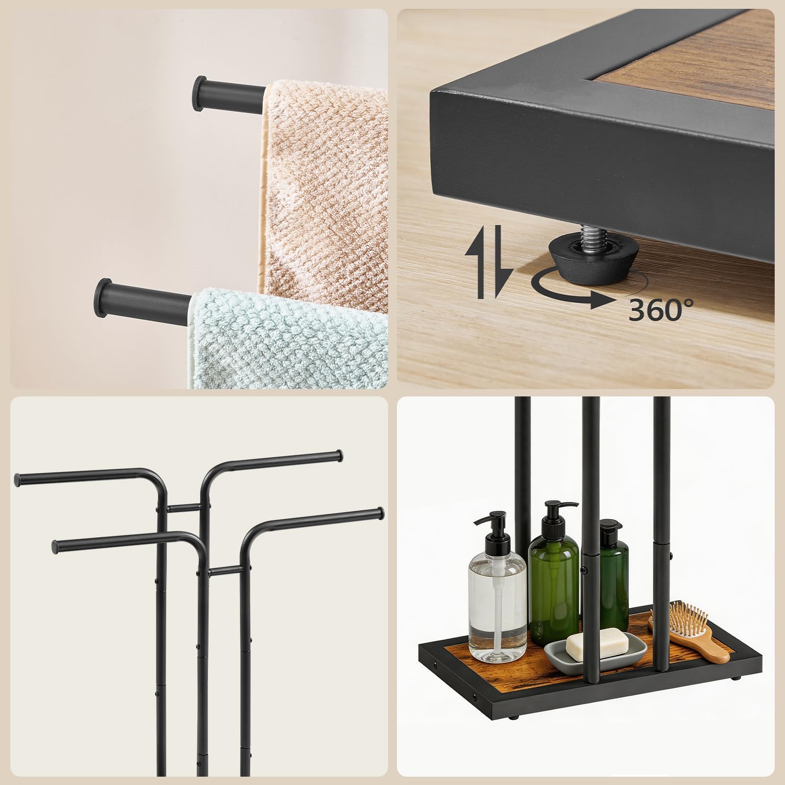 HOOBRO Porte-Serviettes sur Pied en T, Support de Serviettes Vertical avec 2 Barres de Suspension, pour Salle de Bain, Buanderie, Chambre, Marron Rustique et Noir EBF14LB01