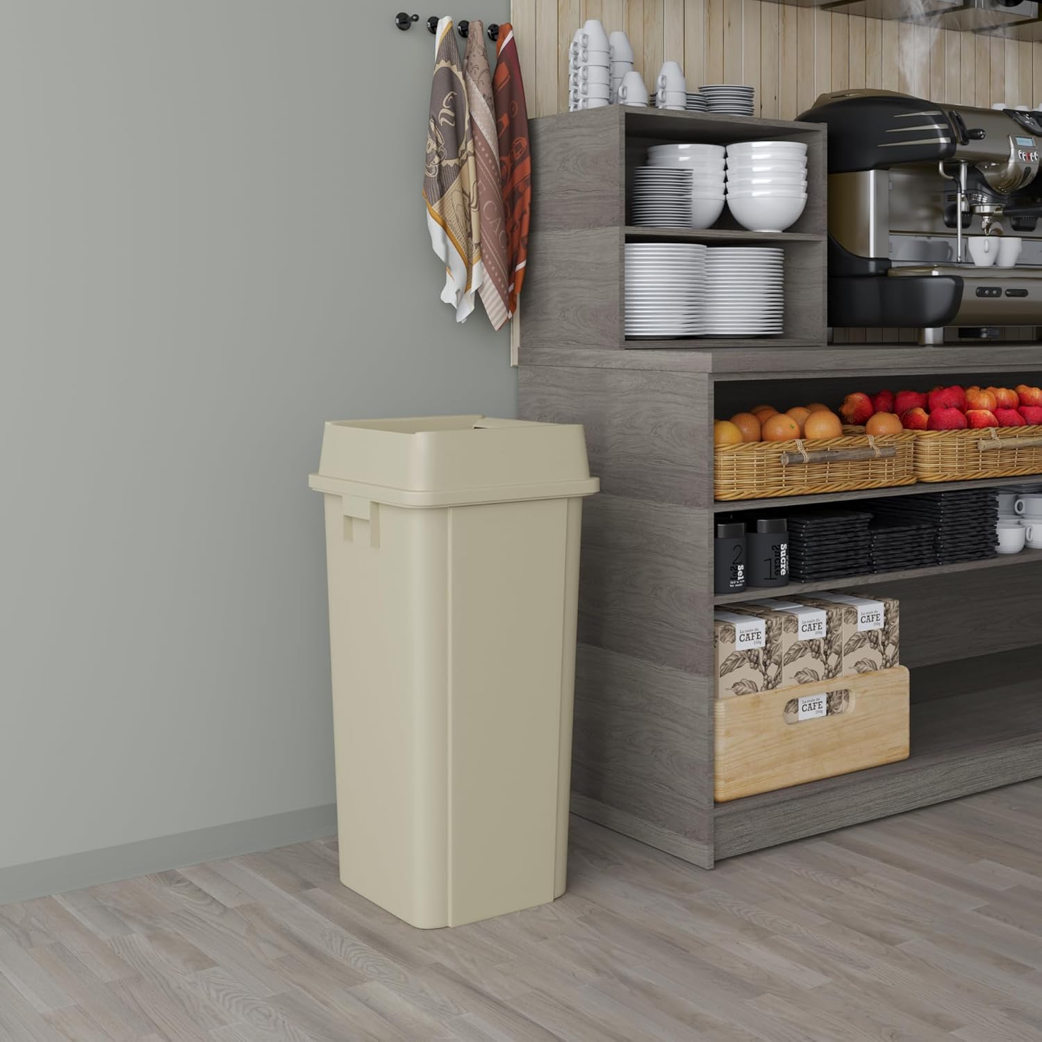 23 Gallon Beige Square Commercial Trash | Garbage Can with Lid - Office, Outdoor, Restaurant, School, Kitchen
