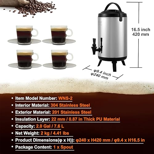 Miniatura 7 de VEVOR Dispensador de bebidas aislado de acero inoxidable, 2 galones de 7.6 litros, dispensador térmico de bebidas frías y calientes con mango de