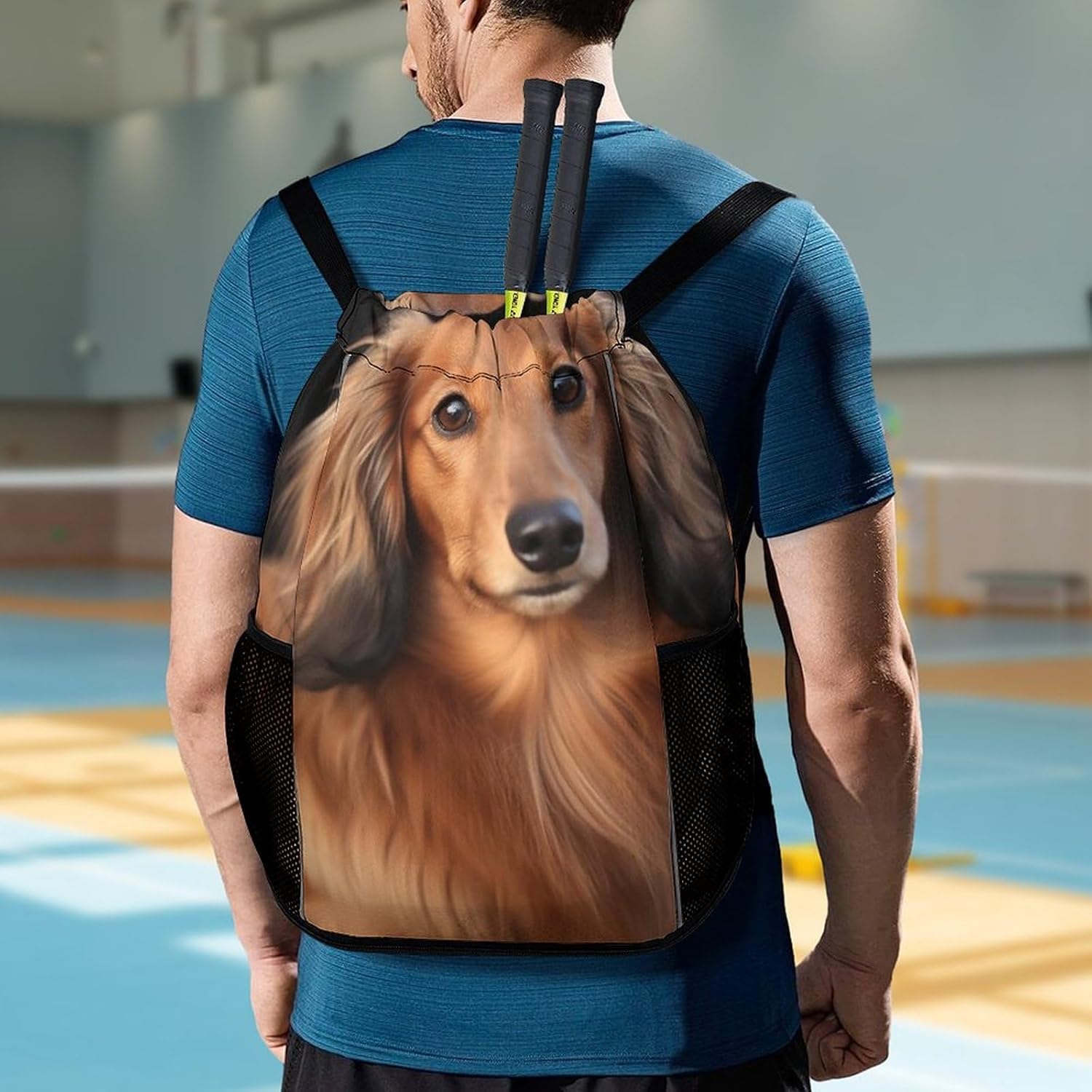 Sports Drawstring Backpack Long Haired Dachshund Lightweight Backpack Dry And Wet Separation Large Capacity
