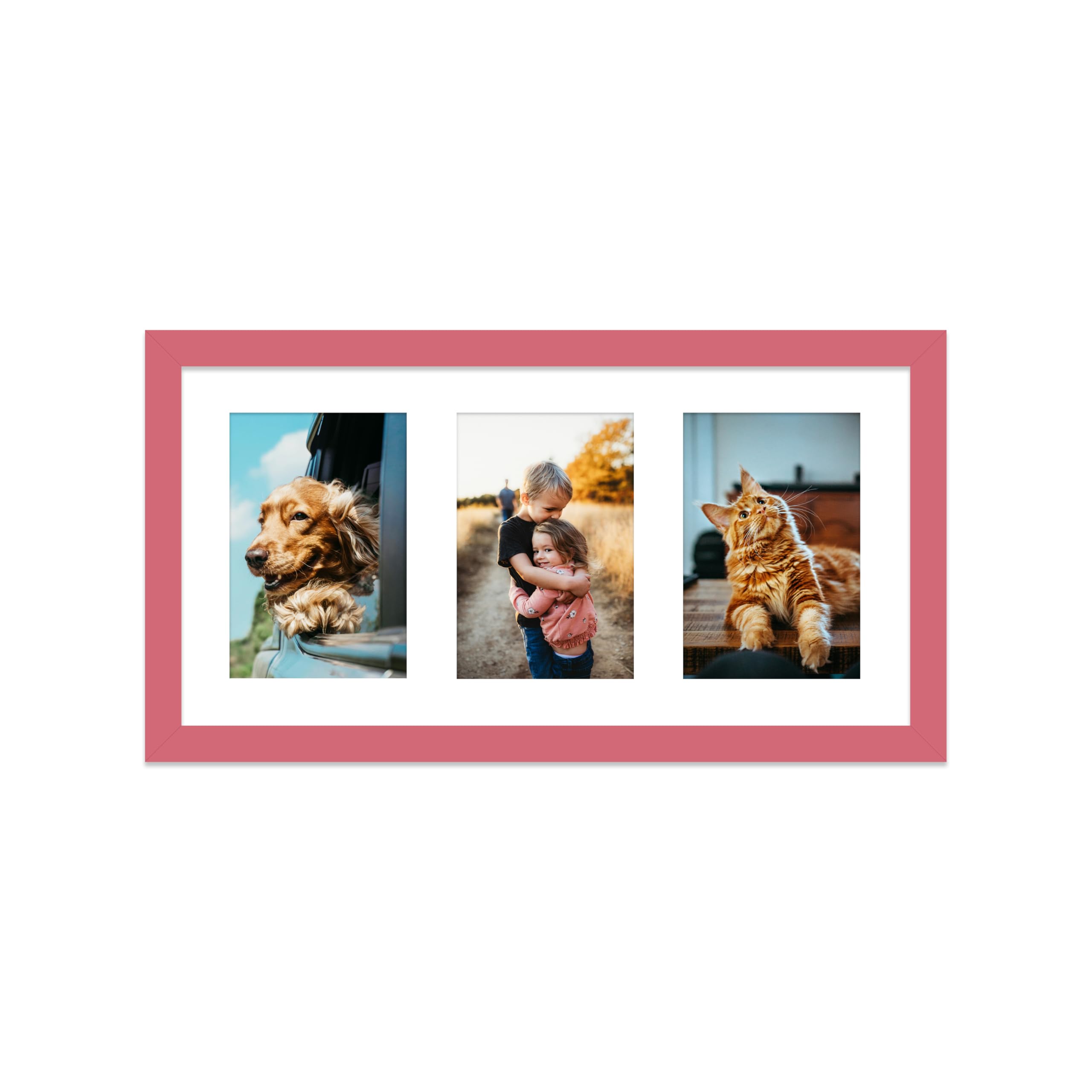 Pink Multi Photo Frame - Holds 3 x 6x4 Pictures, Family Collage Picture Frame for Wall Display, 8x16 Panoramic Frame Size, Pack of 1
