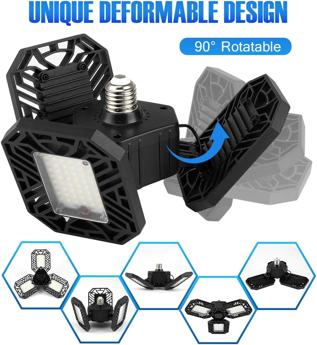 LED Garage Light, Aeegulle 8000 lumens Super Bright LED Workshop Light, 80W Garage Light with E26 Base, transformable Garage Light with 3 dimmable Panels, Warehouse, Workshop Ceiling Light