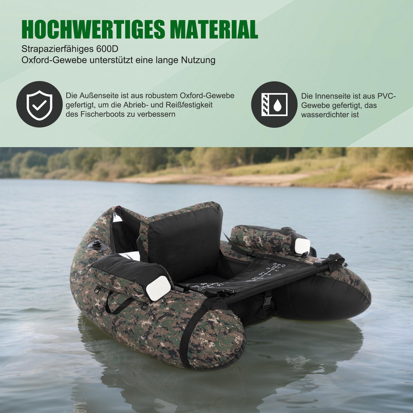 LEADZM Camuflaje - Barco inflable con bomba, barco de pesca con soporte para caña de pescar, correas ajustables, bolsa de almacenamiento, capacidad de carga 150 kg