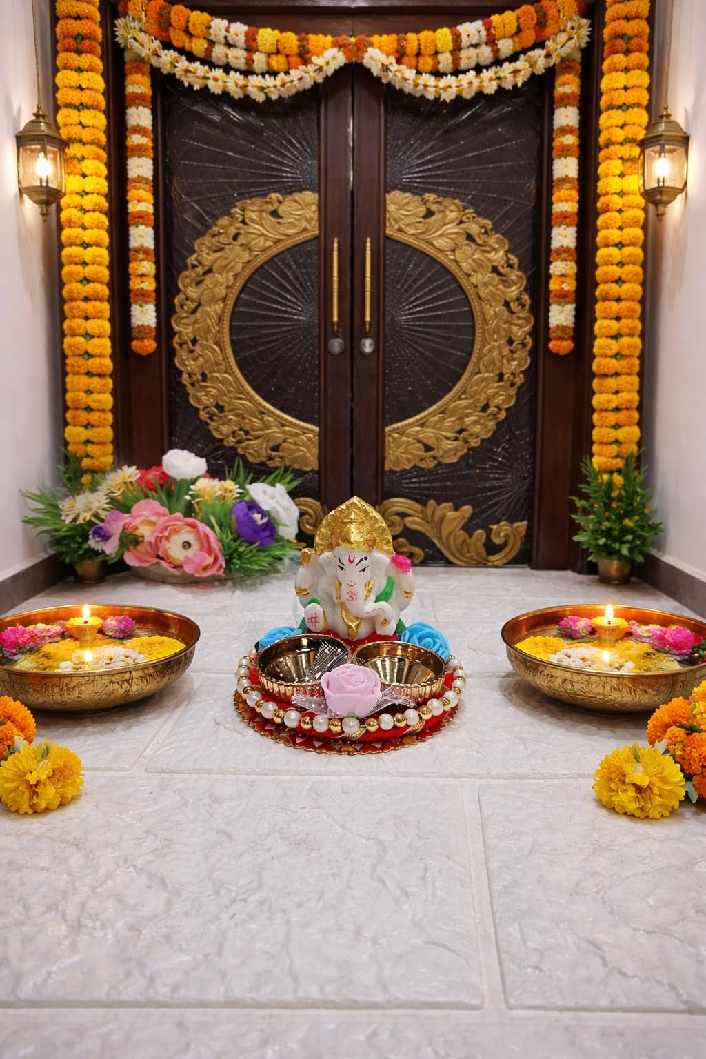 Nutts Lord Ganesh & Laxmi Ji Chandan Roli Kumkum Chawal Plater Holder Home Decorative Items for Pooja and Gift Purpose Set of 2 (Tealight-33)