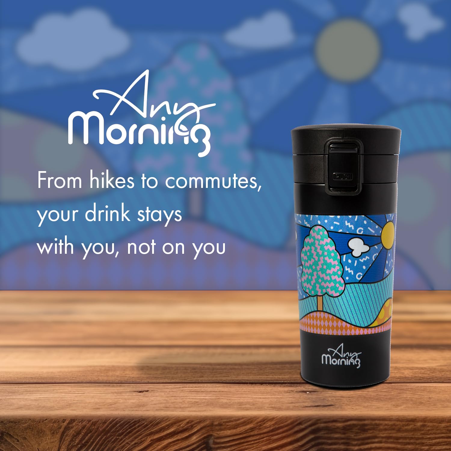 Any Morning 380 ml Paslanmaz Çelik Termos Mug, Çift Katmanlı, Sızdırmaz Kapaklı, Siyah BA21522
