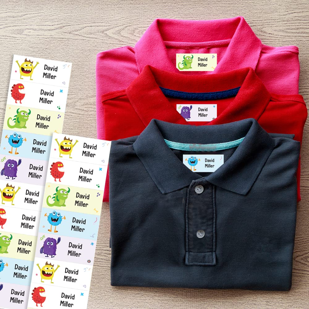 40 x Monster Name Labels for Clothes Iron on Washable School Uniform Name Labels (37 x 15 mm) Iron on Name Labels for Clothes Labels for Kids for Care Homes Clothes Name Labels Papa Prints®