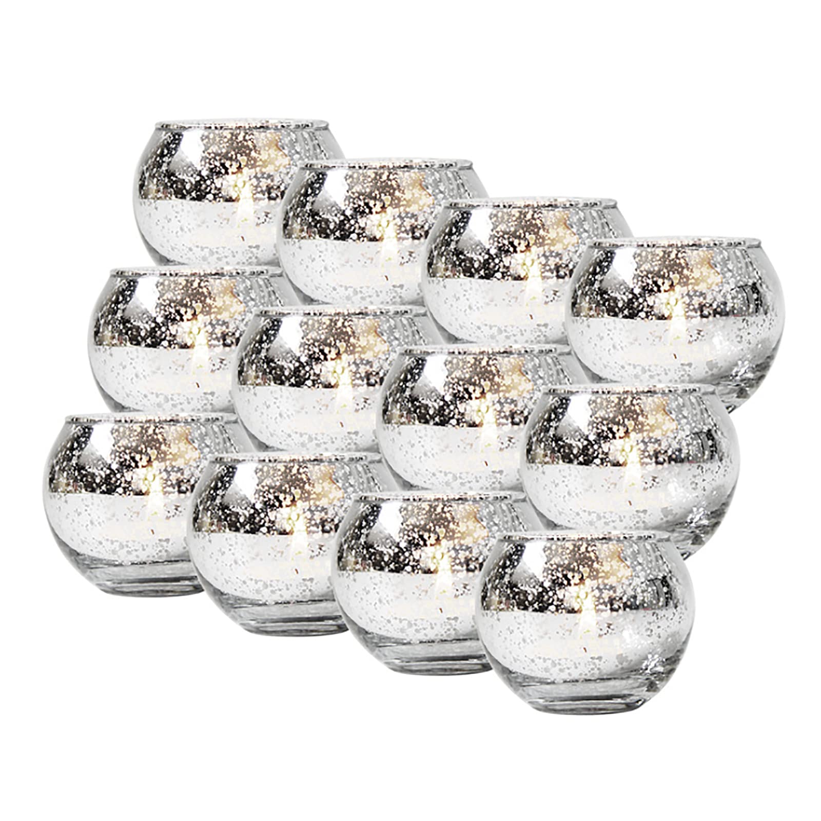 Khbnhj Silver 12Pcs Round Mercury Glass Votive Candle Holders, Mercury Glass Votive Tealight Candle Holder With A Speckled Finish For Weddings And Home Décor