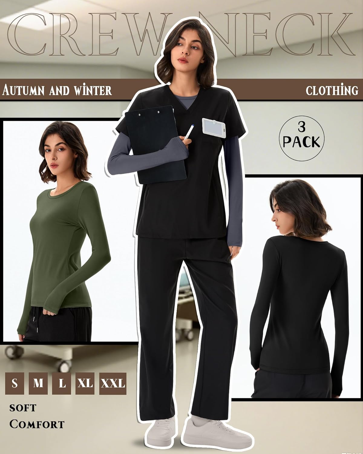 Neer 3 Pack Womens Underscrub Shirts Long Sleeve Crewneck Tops Fitted Layering Clothes Comfort Knit Tops for Nurse - Image 6