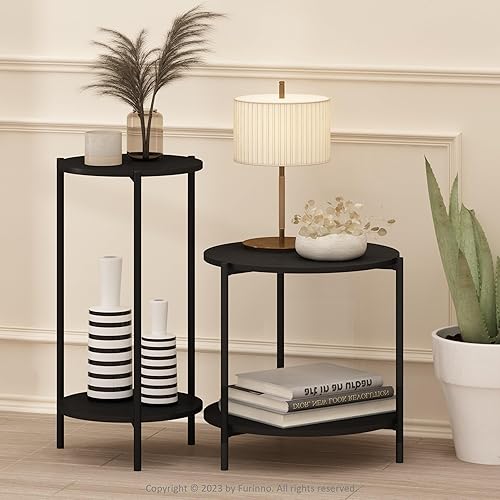 Miniatura 6 de Furinno Besi - Mesa auxiliar redonda moderna de 2 niveles con patas de metal resistentes, 15.55 pulgadas de ancho x 10.58 pulgadas de alto x 5.46