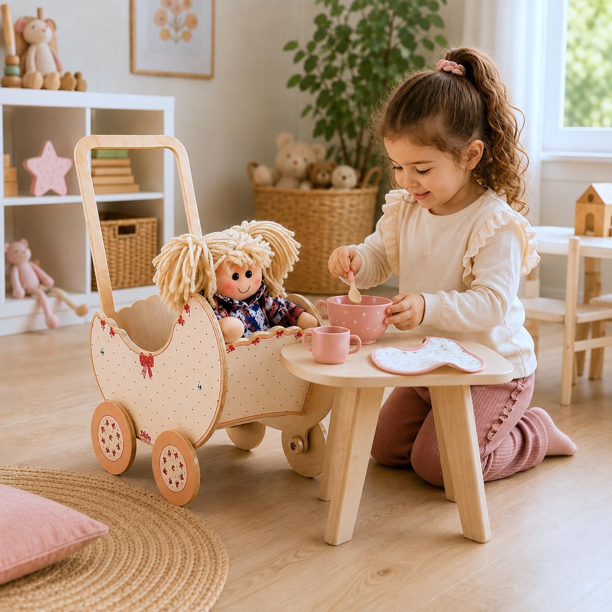 Dida - Landau en Bois pour Poupées Fiocco, Poussette pour Poupées jusqu'à 35 cm, Jeu de Rôle pour Enfants de 2 à 4 Ans, Parfait pour Petites Mamans et Papas, de Haute Qualité