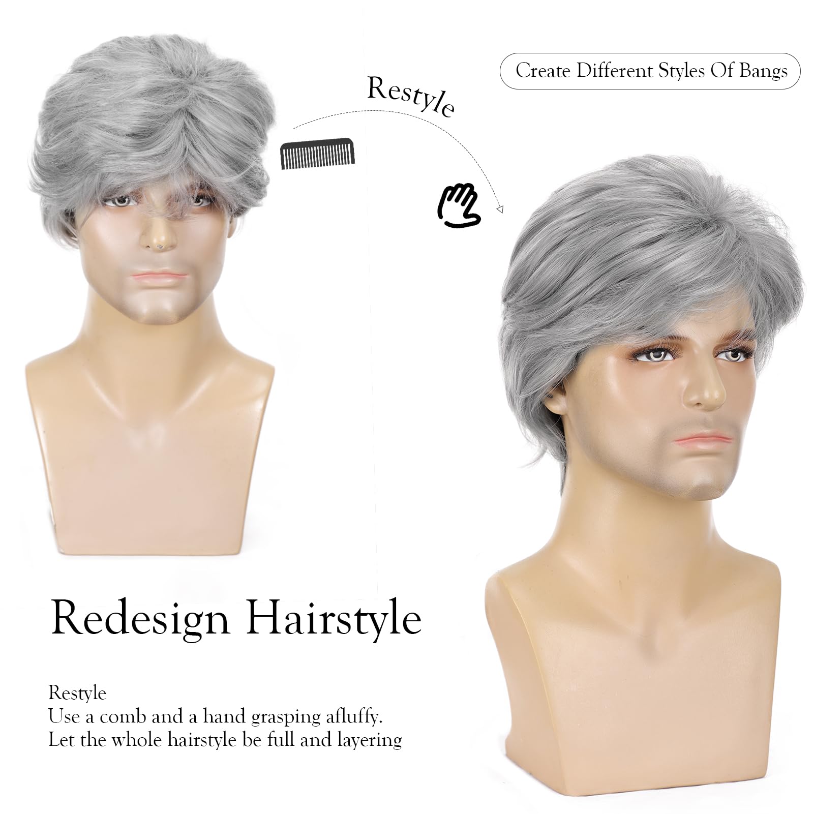 Peluca corta para hombre, color gris plateado, cabello sintético en capas naturales, resistente al calor, para hombre, hombre, hombre, diario, Halloween 3