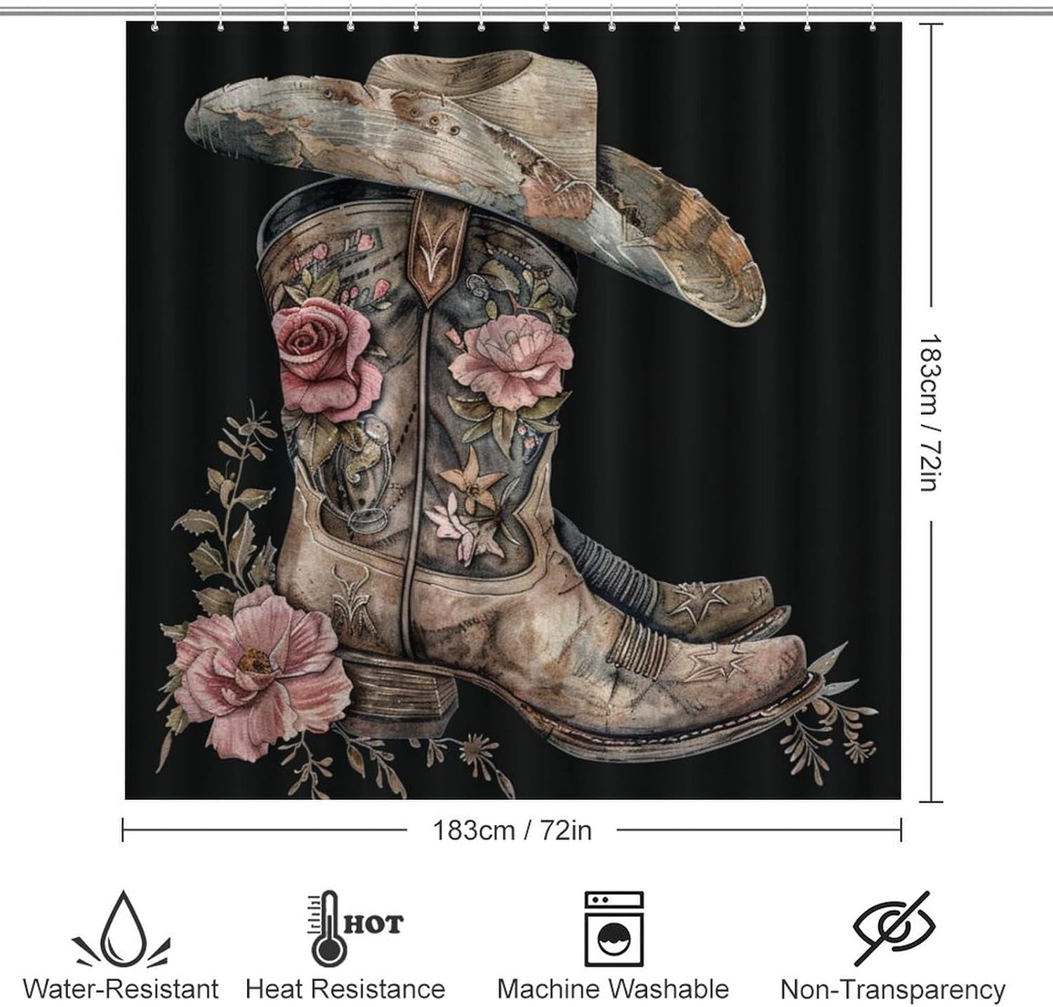 4Pcs Boot Hat Shower Curtain Set with Rugs, Toilet Lid Cover and Bath Mat, Abstract Country Western Cowboy Shoe Floral Bathroom Curtains Decor Shower Curtains, 72" x 72"