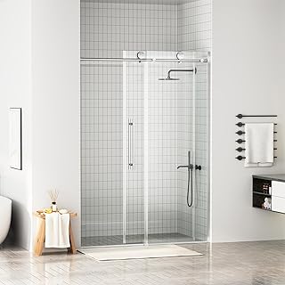 Frameless Shower Door 50-54 in W x 75 in H, Sliding Shower Door with 5/16"(8mm) Clear Tempered Glass Shower Door, Easy to Clean Bathroom, Silent Soft-Close Design, Brushed Nickel