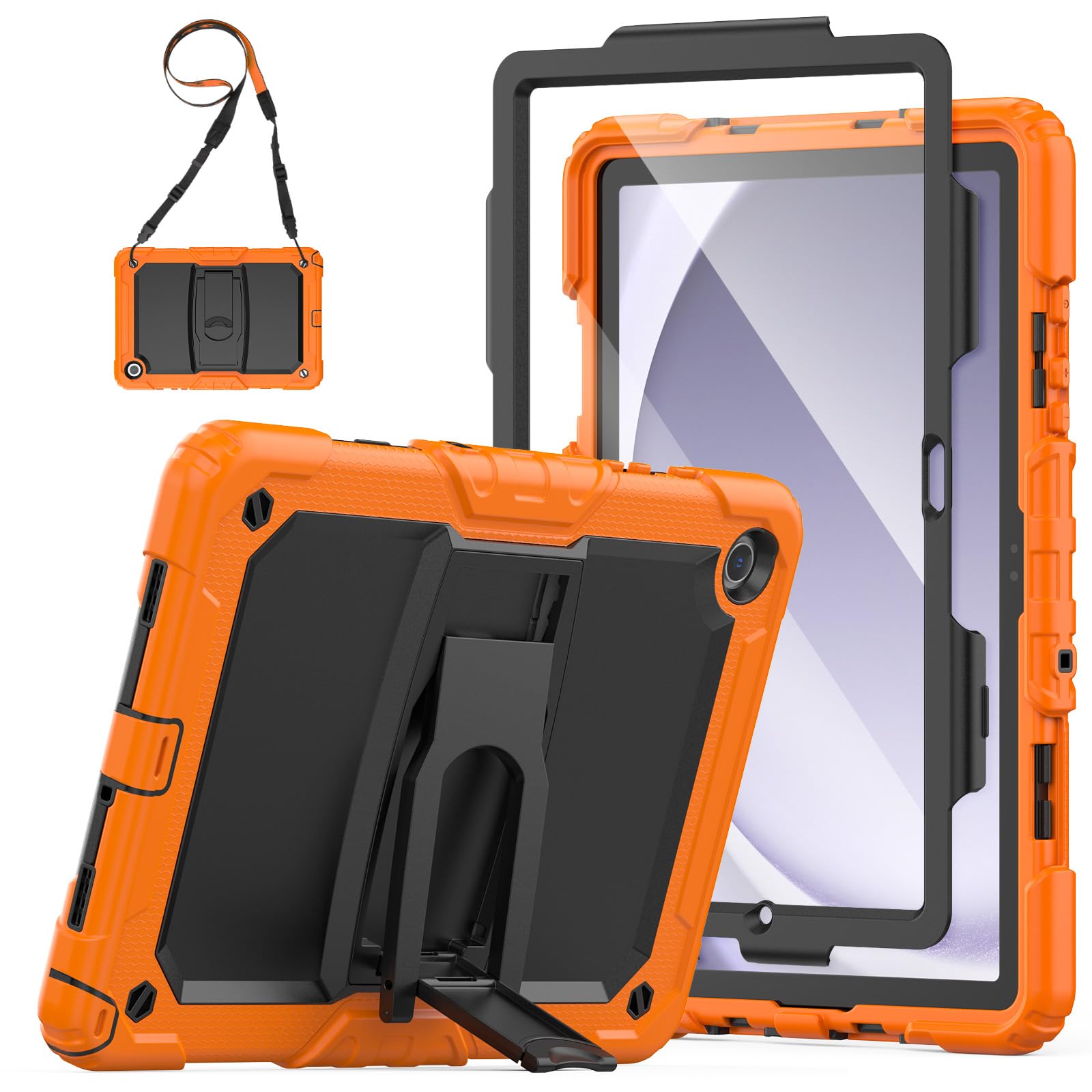 SEYMAC Hülle für Samsung Galaxy Tab A9+/A9 Plus 11 Zoll 2023, Stoßfeste für Samsung Tab A9+ Hülle mit Displayschutz/Faltbarem Ständer, mit Schultergurt, Orange