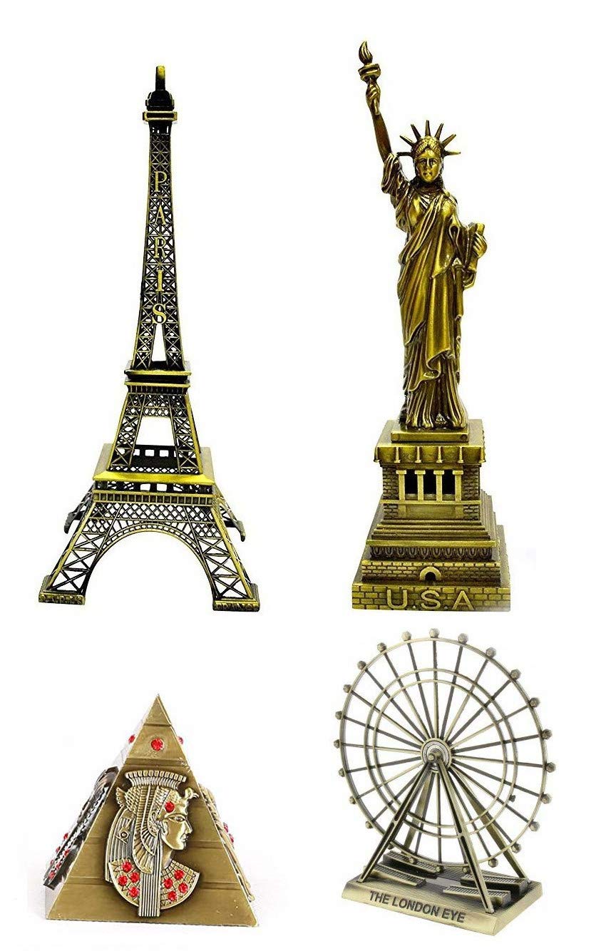 LiloneLilone Metal Paris Eiffel Tower, Statue of Liberty, Pyramid, London Eye Showpiece Combo for Home Decoration Items, Birthday, Standard