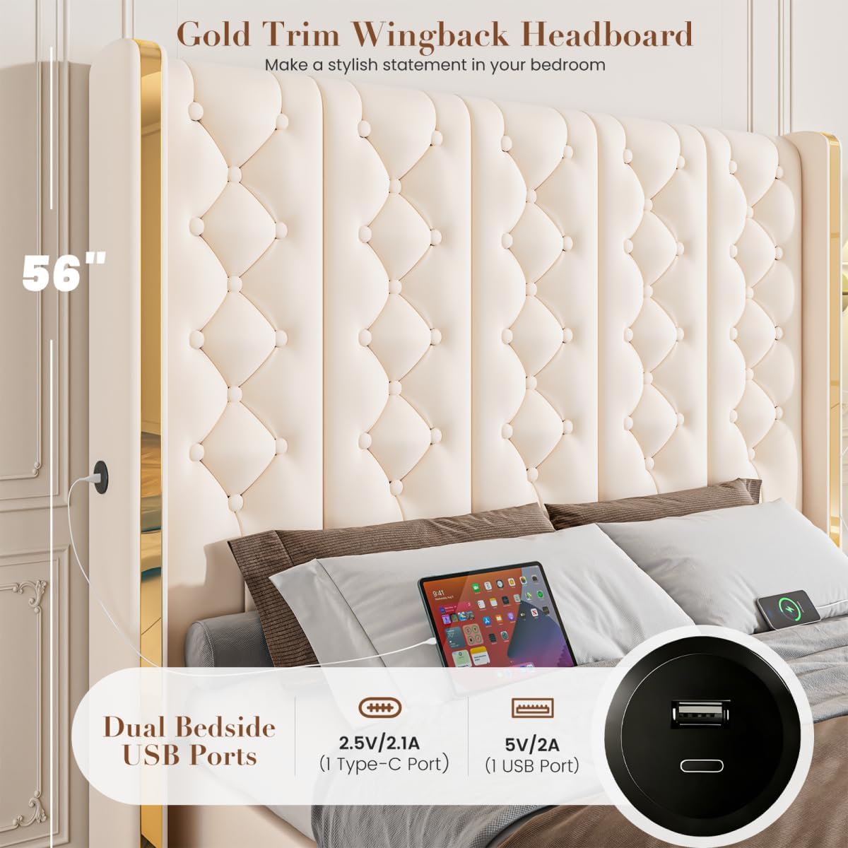 56'' Tall Hydraulic Lift Up Storage Bed Frame Queen Size, Upholstered Platform Bed with Button Tufted Wingback Headboard, LED Bed Frames with Charging Station, No Box Spring Needed, Beige