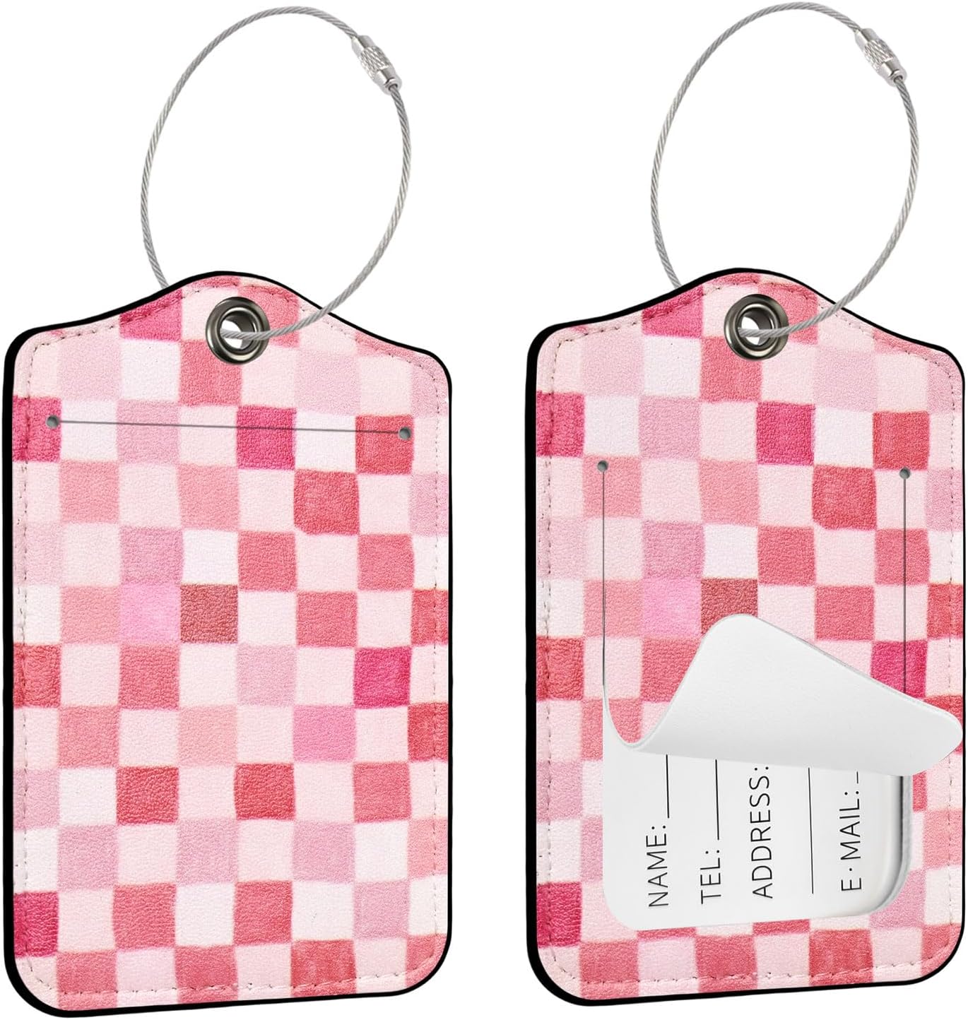 Seorsok 2Pcs Luggage Travel Tags for Suitcases,Pink Checkered PU Leather Name Tag with Privacy Cover&ID Label Address Card and Durable Metal Ring Suitable for Men Women Handbags Backpack,Pastel Color