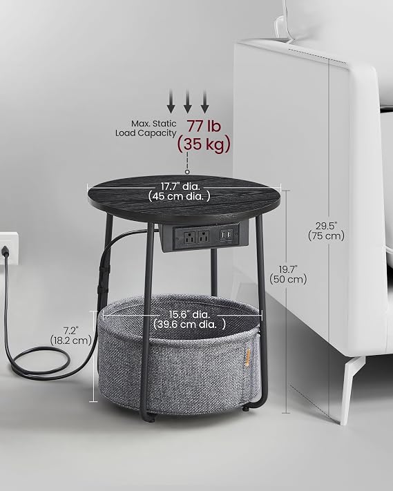VASAGLE Side Table with Charging Station,Fabric Basket, Round End Table