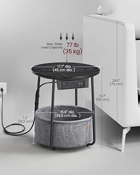VASAGLE Side Table with Charging Station,Fabric Basket, Round End Table