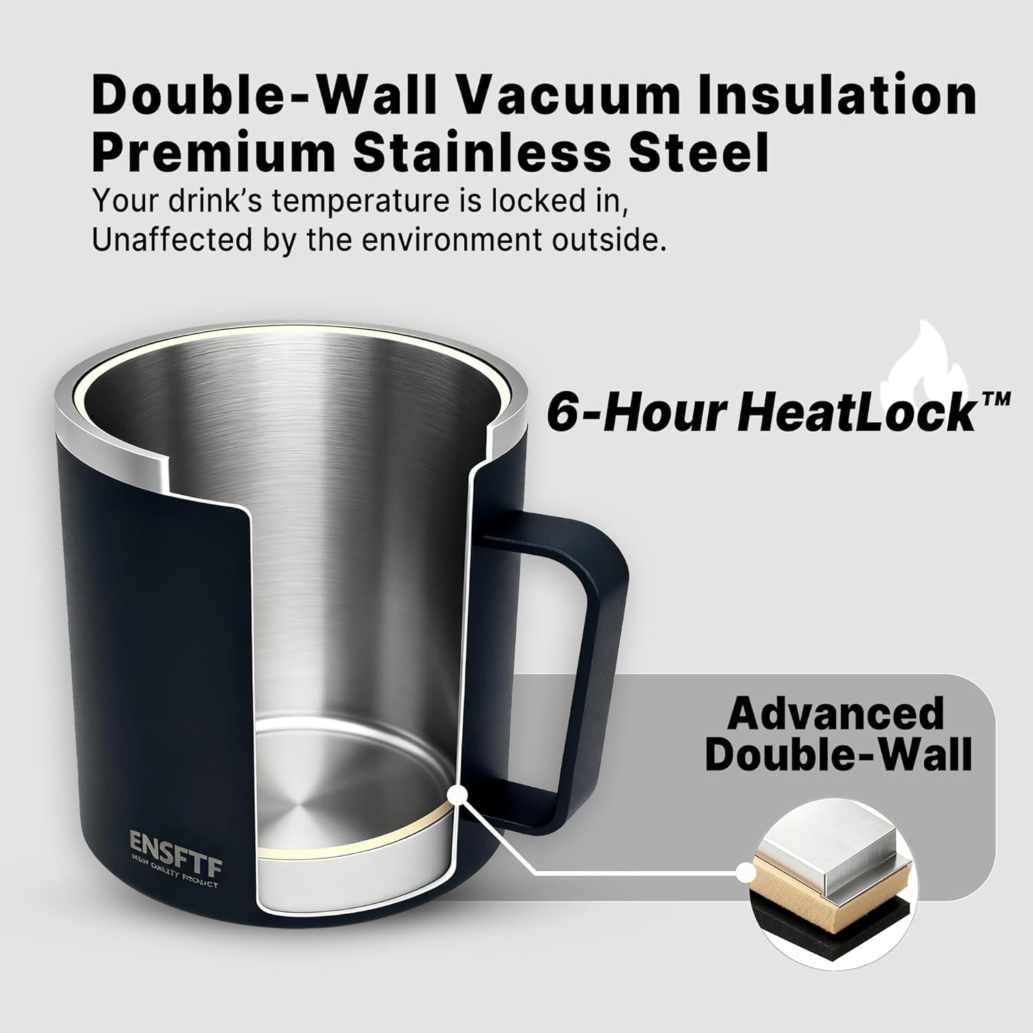 13 oz Coffee Mug with Handle and Lid, Leak Proof Travel Tumbler, Stainless Steel Vacuum Insulated Thermal Cup, Double Wal Water Bottle for Hot & Cold - Sport, Work, Camping & Dishwasher Safe (Black)