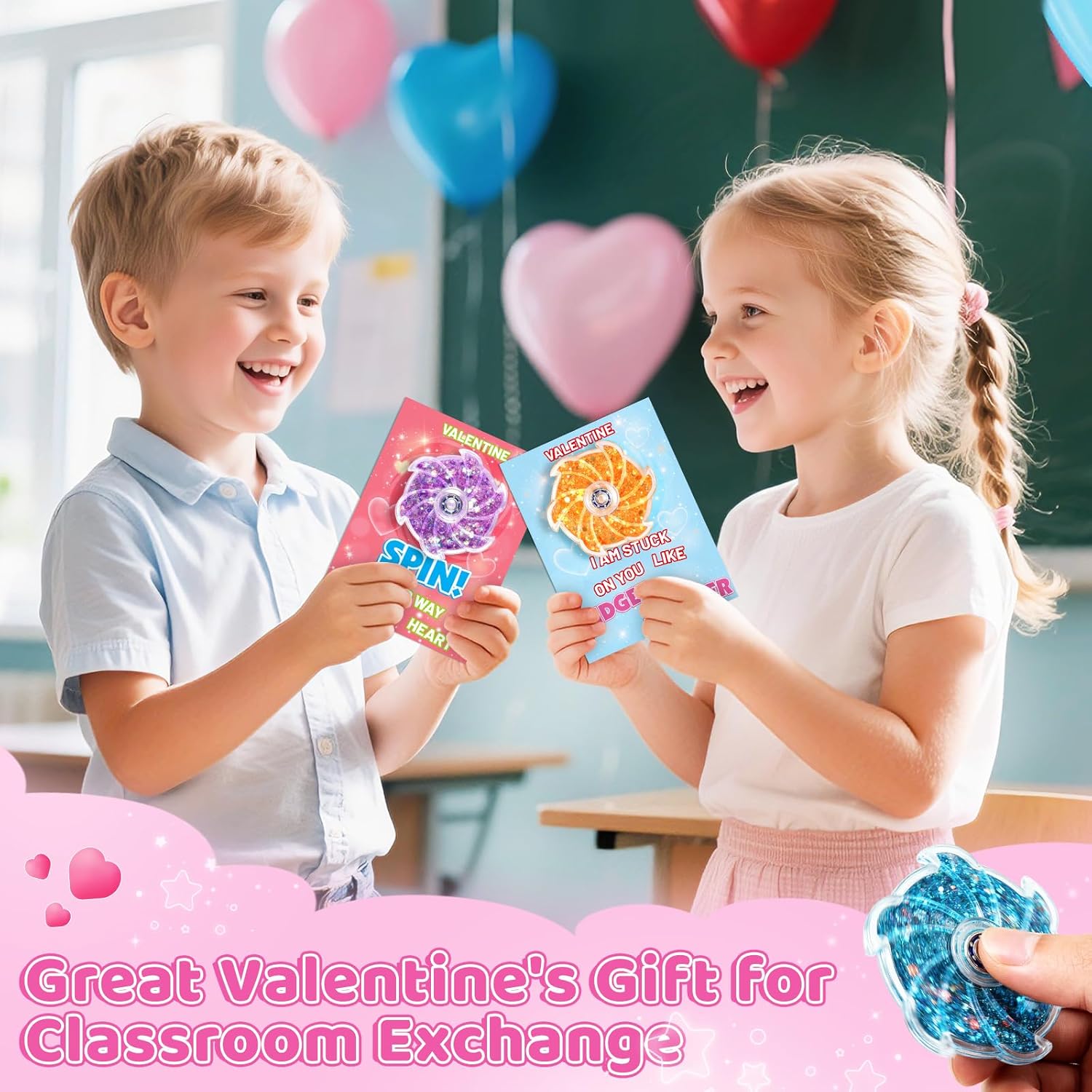 Valentines Day Gifts for Kids, 24 Pack Glitter Fidget Spinners with Cards, Valentines Party Favors for Kids Classroom Exchange, Fidget Sensory Toys for Boys Girls School Classroom Prizes