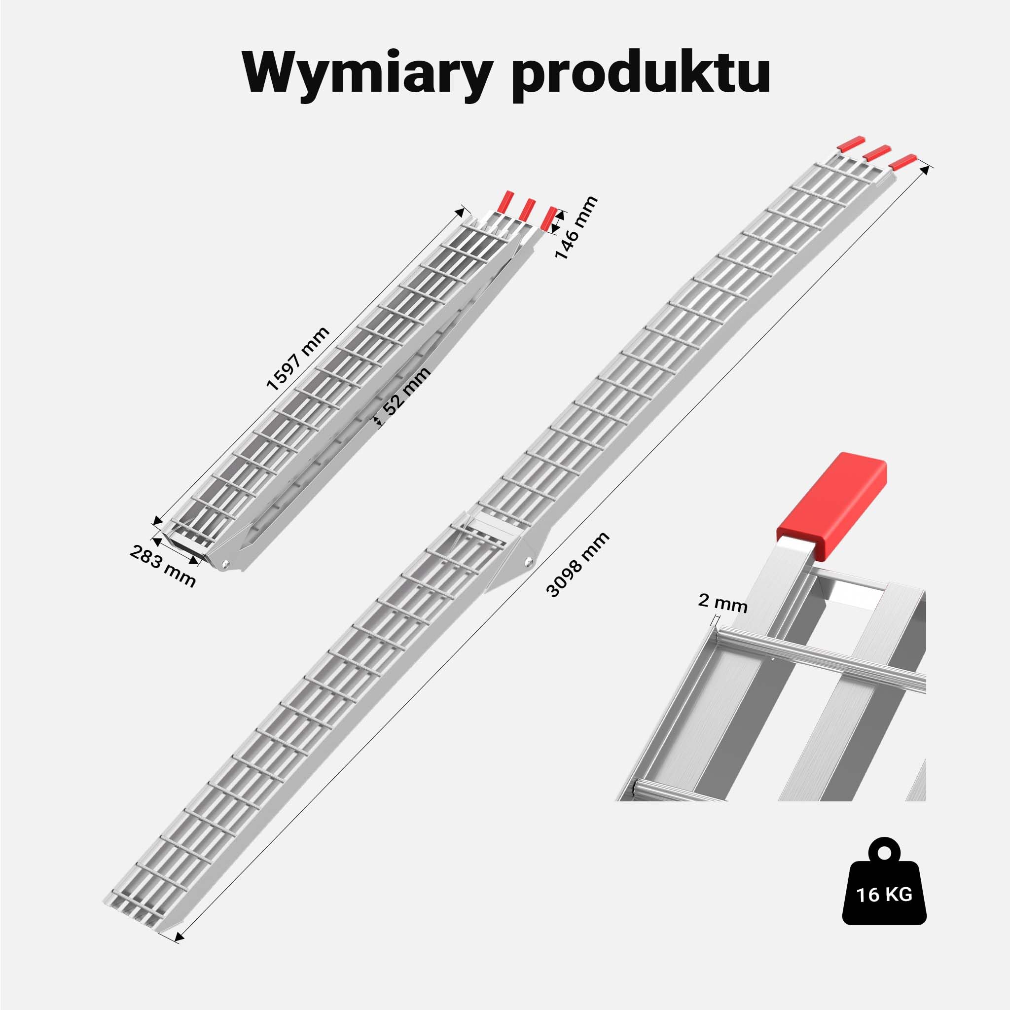 Wiltec Składany najazd aluminiowy o długości 310 cm i udźwigu 540 kg, lekka i łatwa rampa do przechowywania, do załadowania quadów i motocykli