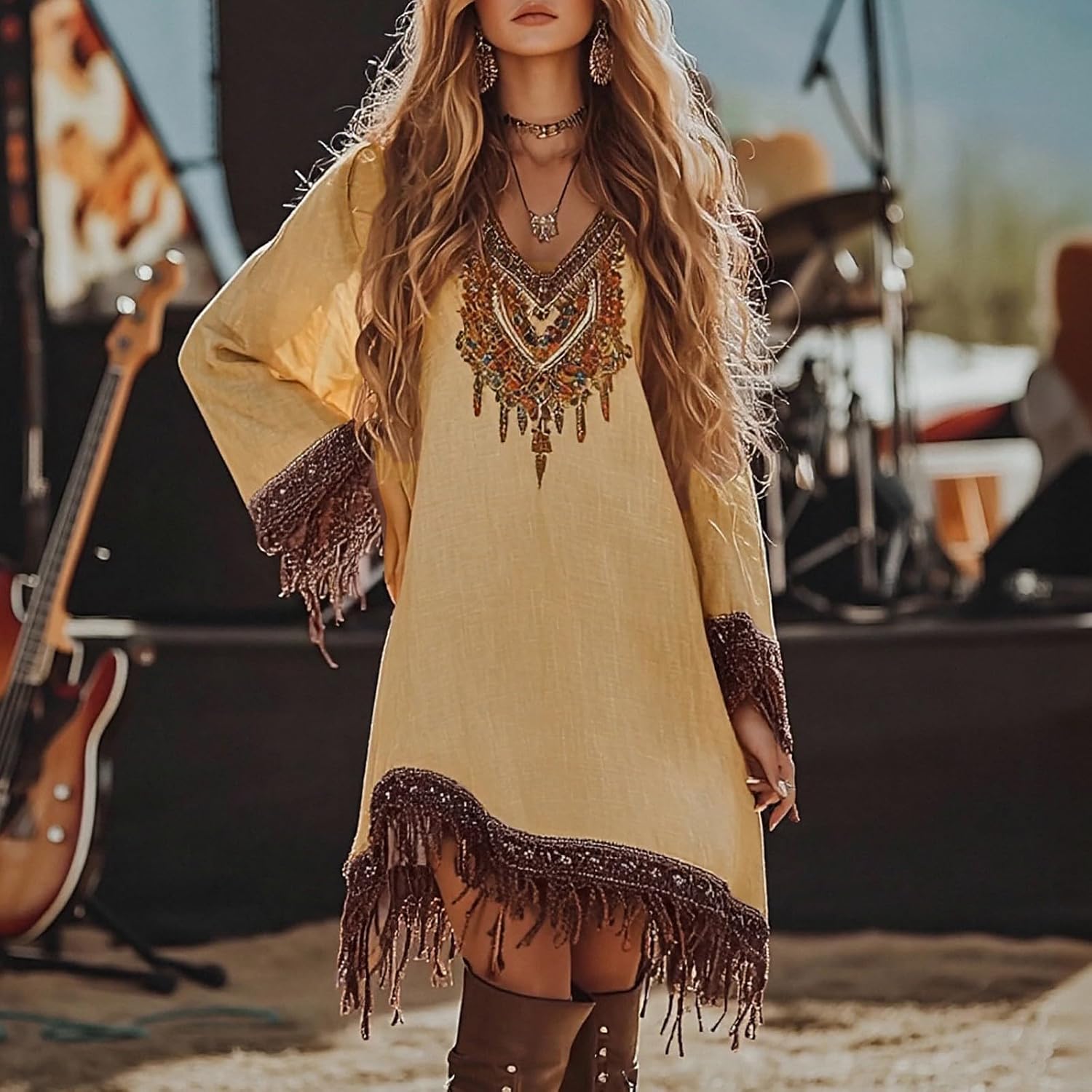 Womens Western Fringe Mini Dress V Neck Bohemian Medieval Vintage Dress Long Sleeve Asymmetrical Hem Trendy Clothes
