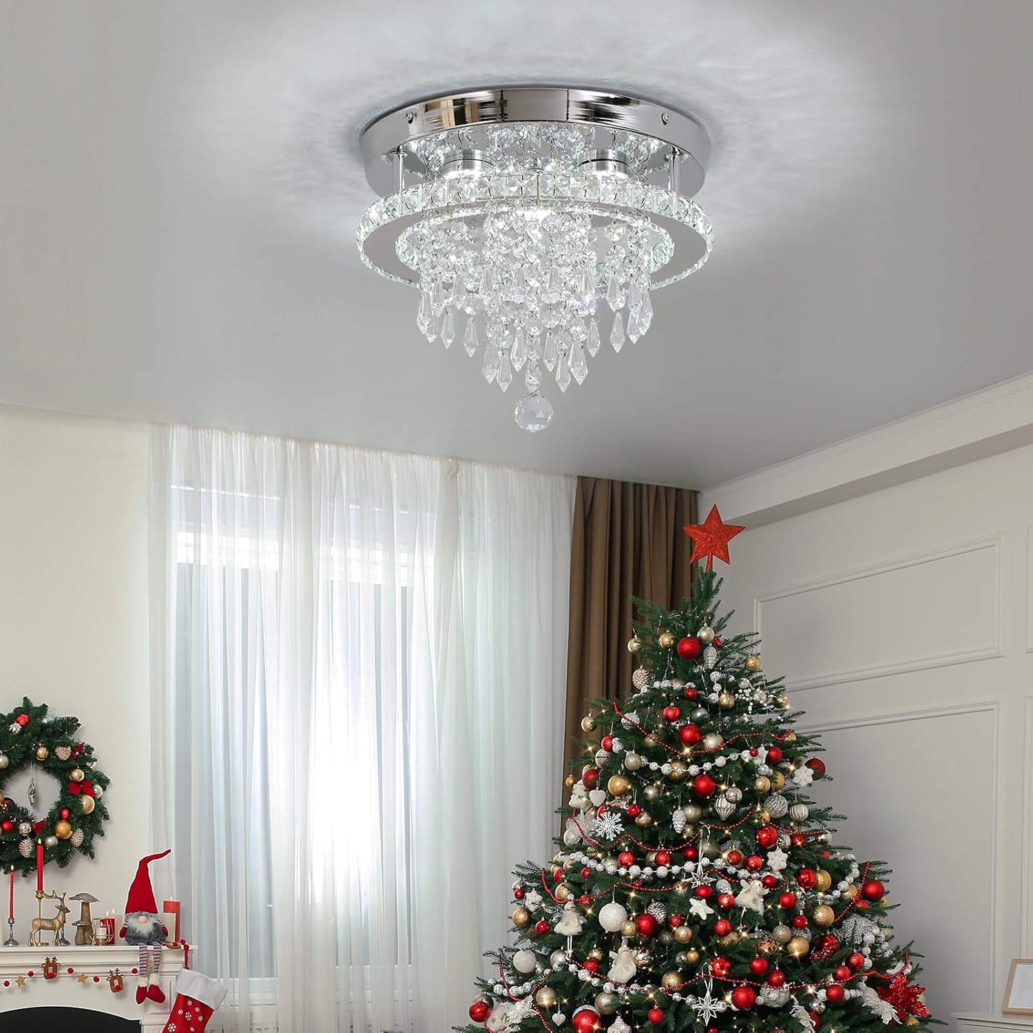 Deckrico Modern Crystal Chandelier 11.8" LED Ceiling Light Chrome Flush Mount Lighting Fixture for Bedroom, Hallway, Kitchen, Dining Room – Cool White