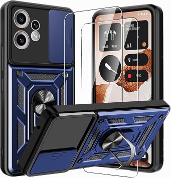 KZIOACSH Case for CMF Phone 2 Pro with 2 Tempered Glass, 360 Rotaring Kickstand Slide Camera Cover Shockproof Hybrid Soft TPU+Hard PC Case Military Grade Anti-Scratch Bumper Cover,Blue