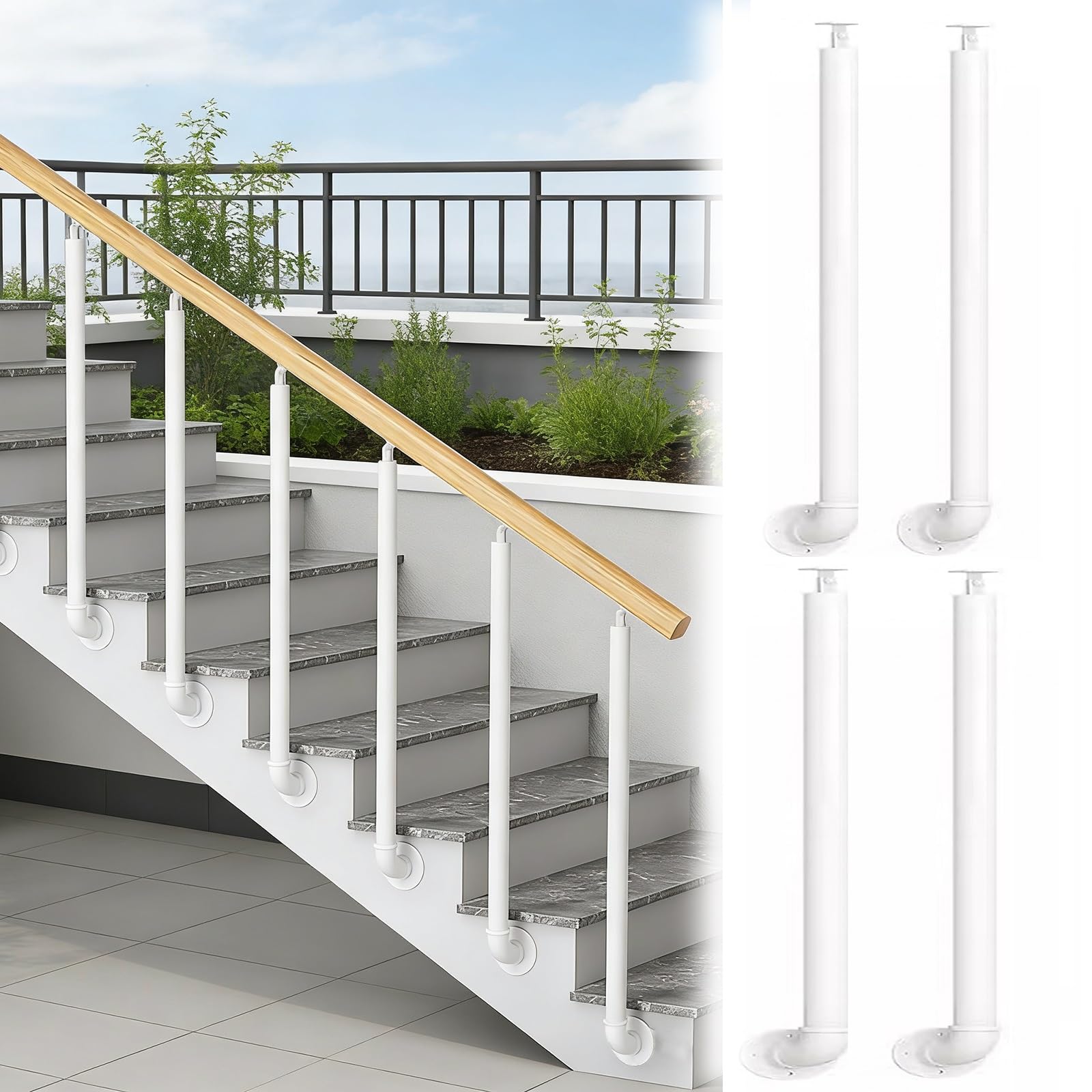 HAIXHX H 85 90 95 100 105cm Side Mount Post for Railing Outdoor Balcony, White Round Metal 270° Adjustable Staircase Balusters with Screws Kit(4 Pack,H 90cm/35.5in)