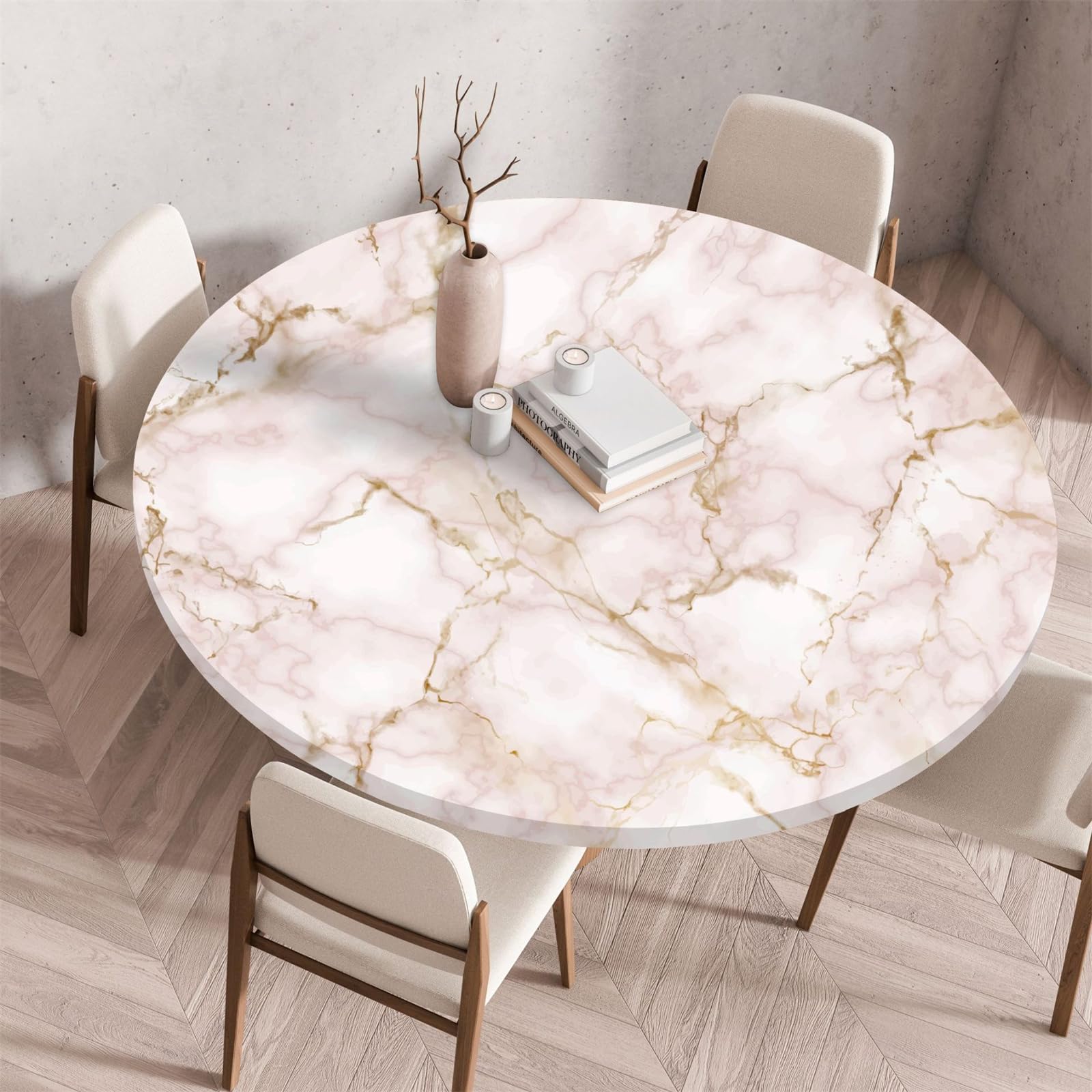 Muiuou Elastic Fitted Round Tablecloth, Marble Printing Tabletop Reusable Waterproof Oil-Proof Round Table Cover Cloth, Fitted Home Decoration Restaurant Kitchen (Diameter 140cm,Marble 13)