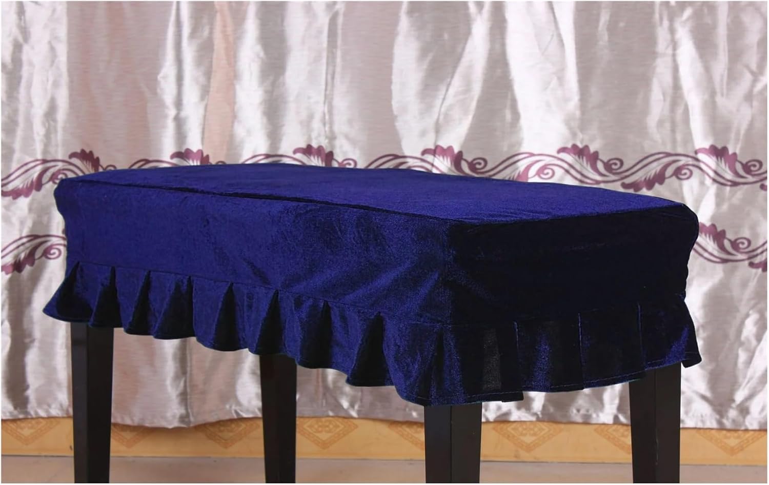 Bench Cushion Cover Velvet Piano Anti Pleuche Stool Seat Covers Bench Pleated Slipcover Single/Double Chair Protector(Blue,Single Stool Cover)