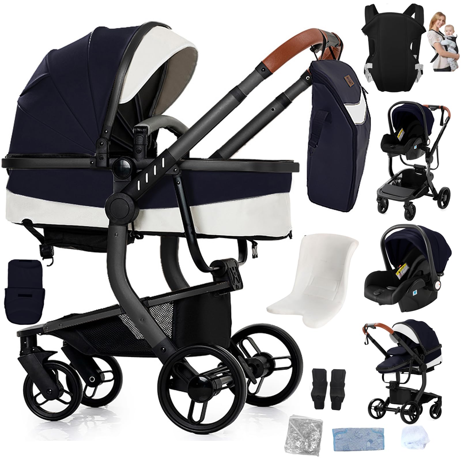 Reenborn Pelle PU Passeggino Trio, Passeggino 3 in 1 con Due Modi Reversibili Spingere, Trio Neonati con Design Pieghevole in Un Clic, Telaio Alluminio Paesaggistico Alto (L518 Black Blue)