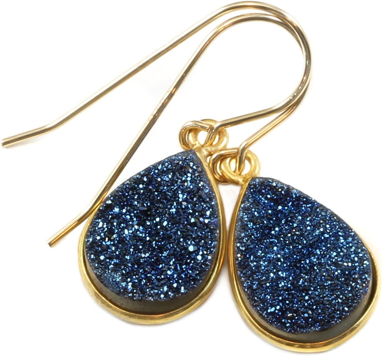 Drusy Earrings Peacock Blue Druzy Teardrop Goldtone Bezel Set Simple Dainty Drops