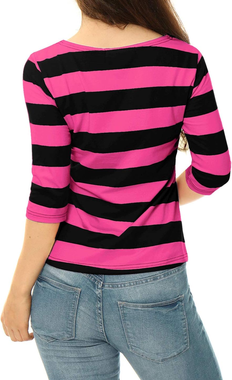Allegra K Women's Striped Shirt Elbow Sleeve Slim Fit Tops Casual Basic Boat Neck Top - Image 5
